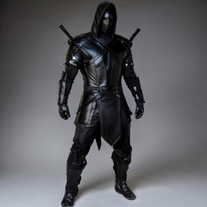 Puede incluir: Un disfraz de ninja negro con máscara con capucha, armadura para los hombros y dos espadas. El disfraz presenta una apariencia similar al cuero con cinturón y falda en capas. El ninja lleva guantes y botas, sobre un fondo gris.