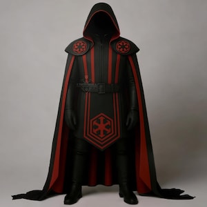 May include: Black hooded cloak with red accents, featuring a symmetrical emblem on the chest and shoulders. The cloak has a long, flowing design with a red interior and is paired with black gloves and boots. The outfit includes a belt and vertical red stripes.