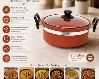 Handmade Clay Kadhai 2.5 Litre Natural Terracotta Wok Indian Cookware