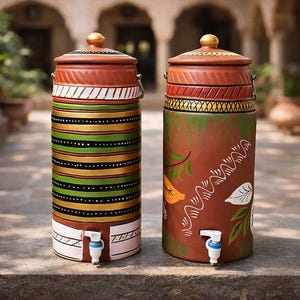 May include: Two tall, cylindrical water coolers with lids and spouts. The coolers are painted with colorful patterns, including stripes and floral designs. The lids are topped with gold-colored knobs. The coolers are made of terracotta and are placed on a stone surface.