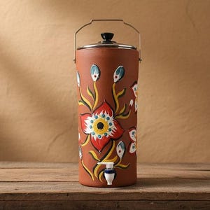 May include: A cylindrical terracotta water dispenser with a floral design in red, yellow, and blue. It has a metal lid and handle, and a white spigot. The dispenser is on a wooden surface.