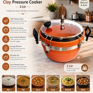 Può includere: Una pentola a pressione in argilla arancione da 3 litri con coperchio in vetro trasparente, meccanismo di chiusura in metallo e due manici laterali neri. Il testo sull'immagine include Clay Pressure Cooker, 3 Ltr, 100% Natural & Safe.