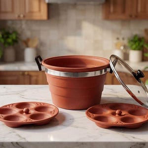 Könnte beinhalten: Ein terrakottafarbener, zusammenklappbarer Dampfkochtopf mit Edelstahlrand und Griffen, zusammen mit zwei passenden Idli-Formen und einem Glasdeckel mit schwarzem Griff. Das Kochgeschirr steht auf einer Marmorarbeitsplatte.