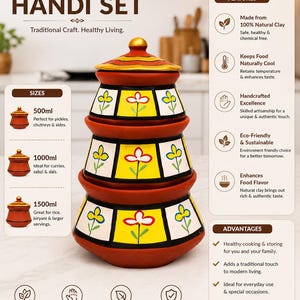 May include: A three-piece clay handi set with lids, stacked vertically. Each terracotta-colored pot features a yellow band with hand-painted floral motifs in red, white, and green. The set includes capacities of 500ml, 1000ml, and 1500ml, as indicated by the text.
