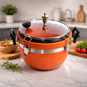 Puede incluir: Una olla naranja con tapa de cristal transparente y detalles plateados. La olla tiene asas negras y un mecanismo de cierre plateado. El fondo muestra un ambiente de cocina con tablas de cortar de madera y verduras frescas.