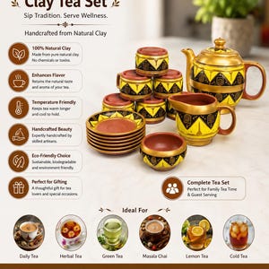 May include: A clay tea set featuring a teapot, a creamer, a bowl, and multiple cups and saucers. The pieces are yellow with black geometric patterns and brown interiors. Text on the image includes Clay Tea Set, Sip Tradition. Serve Wellness.