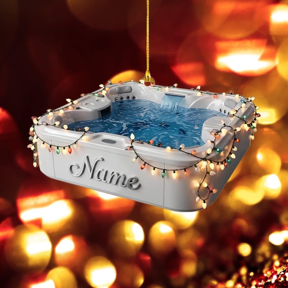 A hyper-specific Christmas ornament capturing a vacation hot-tub moment — the kind of delightfully niche keepsake that makes someone say 'this is SO us.'