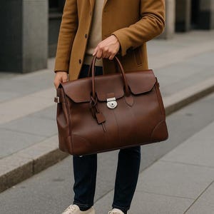 Könnte beinhalten: Eine braune Lederaktentasche mit silbernem Verschluss und kleinem Lederanhänger. Die Person trägt einen beigefarbenen Mantel, einen beigen Pullover, dunkelblaue Jeans und weiße Turnschuhe.
