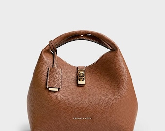 Bolso de mano de lujo de piel con asa superior – Bolso estructurado de piel marrón | Bolso bandolera minimalista | Bolso tote con cierre elegante | Bolso de estilo para mujer