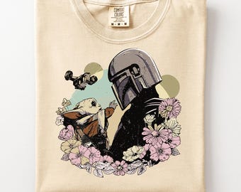 Vintage Mandalorian & Grogu Shirt, Star Wars T-Shirt, 90er Jahre Baby Yoda T-Shirt, Komfort Farben Mädchen Star Wars Shirt, Geschenk für Star Wars Fan
