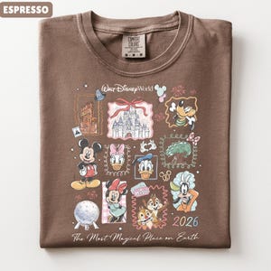 May include: Espresso-colored t-shirt featuring a colorful Disney World graphic. The design includes Mickey Mouse, Minnie Mouse, Donald Duck, and other characters, along with the text "2026" and "The Most Magical Place on Earth."