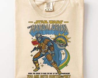 Camiseta vintage do Mandaloriano e Grogu, camiseta gráfica de Star Wars, camiseta retrô de Star Wars, camiseta Comfort Colors Grogu, presente para fã de Star Wars