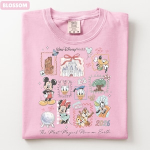 May include: A pink Comfort Colors t-shirt featuring a Walt Disney World design. The graphic includes Mickey Mouse, Minnie Mouse, Donald Duck, and other characters, along with the text "The Most Magical Place on Earth" and the year "2026".