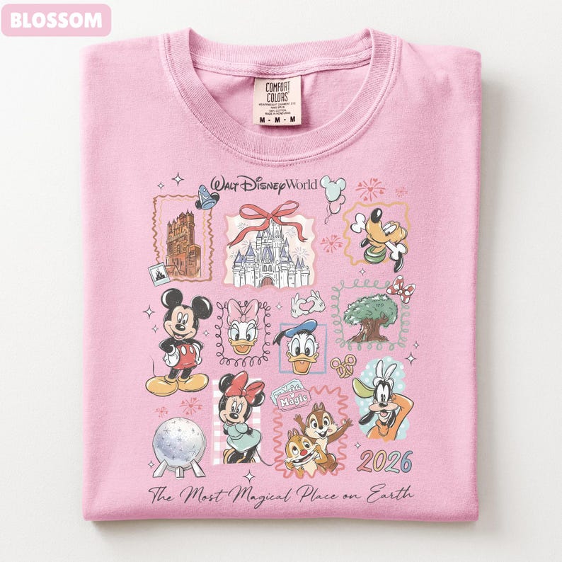 May include: A pink Comfort Colors t-shirt featuring a Walt Disney World design. The graphic includes Mickey Mouse, Minnie Mouse, Donald Duck, and other characters, along with the text "The Most Magical Place on Earth" and the year "2026".