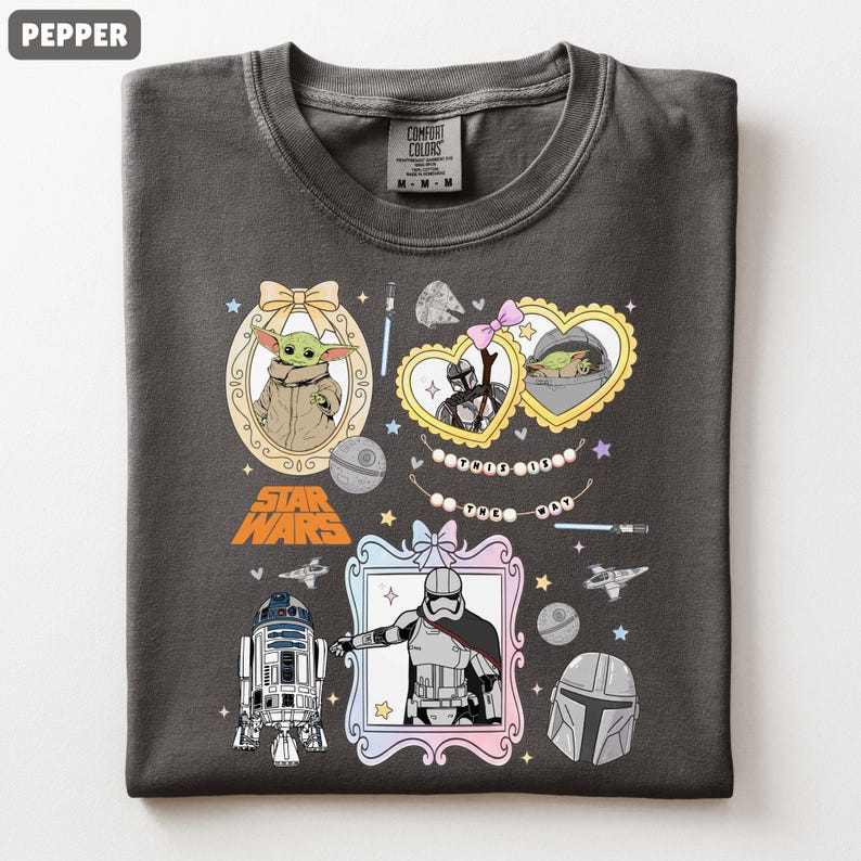 Puede incluir: Camiseta color pimienta con personajes y gr&aacute;ficos de Star Wars. El dise&ntilde;o incluye ilustraciones de Grogu, Darth Vader y otros personajes en marcos decorativos, junto con el logotipo de Star Wars. La camiseta tiene cuello redondo y una etiqueta Comfort Colors.