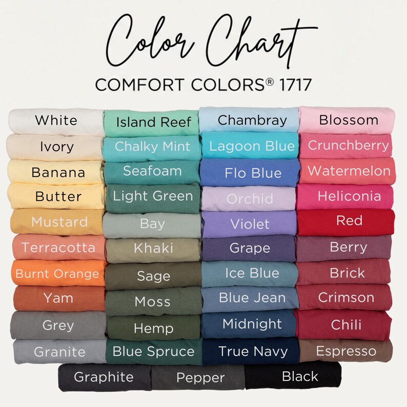 Op de afbeelding: Een kleurenkaart toont een verscheidenheid aan stofstalen van Comfort Colors 1717. De kaart toont een reeks kleuren, waaronder wit, ivoor, banaan, boter, mosterd, terracotta, verbrand oranje, yam, grijs en graniet.