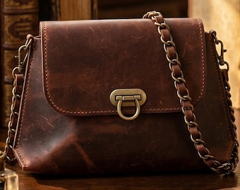 Hand Stitched Crazy Leather Crossbody Bag, Rustic Minimalist Shoulder Purse