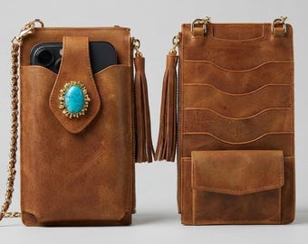 Luxury Leather Crossbody Bag | Handmade Small Leather Bag with Turquoise Stone Detail and Cast Brass Hardware | Boho Crossbody Wallet