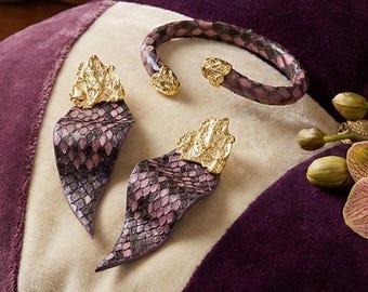 Python Leather Earrings & Bracelet | Statement Jewelry Set in Hand-Cast Brass | Exotic Leather Accessory