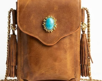 Handmade Leather Crossbody Bag, Vintage Boho Style Bag with Turquoise Stone Detail and Cast Brass Hardware