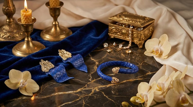 Puede incluir: Una elegante exhibici&oacute;n con una pulsera y pendientes de cuero azul con detalles dorados. Una caja de joyer&iacute;a dorada, velas y orqu&iacute;deas completan la est&eacute;tica lujosa. Los art&iacute;culos est&aacute;n dispuestos sobre una superficie de m&aacute;rmol.