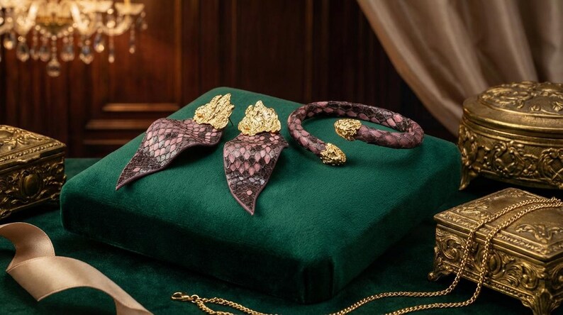 Puede incluir: Un conjunto de joyas con pendientes y una pulsera con un patr&oacute;n de escamas de serpiente en rosa y marr&oacute;n. Los pendientes y la pulsera tienen detalles dorados. El conjunto se exhibe sobre una superficie de terciopelo verde, con dos cajas doradas ornamentadas en el fondo.
