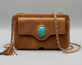 Handmade Leather Crossbody Bag with Turquoise Stone Detail and Cast Brass Hardware | Boho Chic Shoulder Purse, Vintage Leather Purse