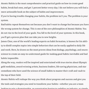 Peut inclure: Texte d'un livre intitul&eacute; &laquo;&nbsp;About The Book&nbsp;&raquo; qui traite d'Atomic Habits, un guide pour cr&eacute;er de bonnes habitudes et rompre les mauvaises. Le texte mentionne James Clear, un expert en formation d'habitudes, et l'accent du livre sur les strat&eacute;gies de croissance personnelle.