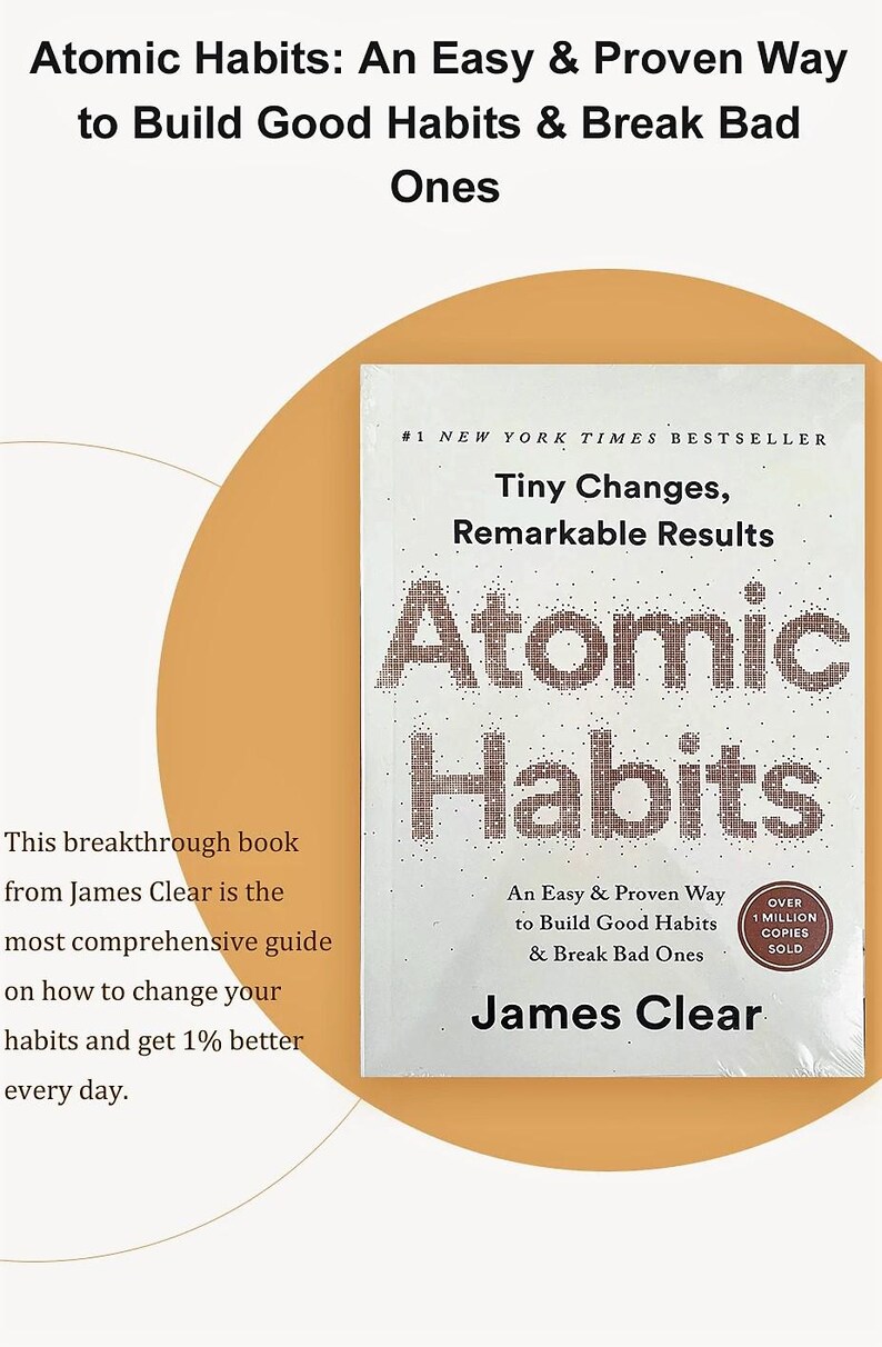 Peut inclure: Couverture du livre "Atomic Habits" de James Clear, best-seller du New York Times. Le titre est en grandes lettres pixelis&eacute;es, avec le sous-titre "Tiny Changes, Remarkable Results". Le livre promet une m&eacute;thode simple pour d&eacute;velopper de bonnes habitudes et briser les mauvaises.