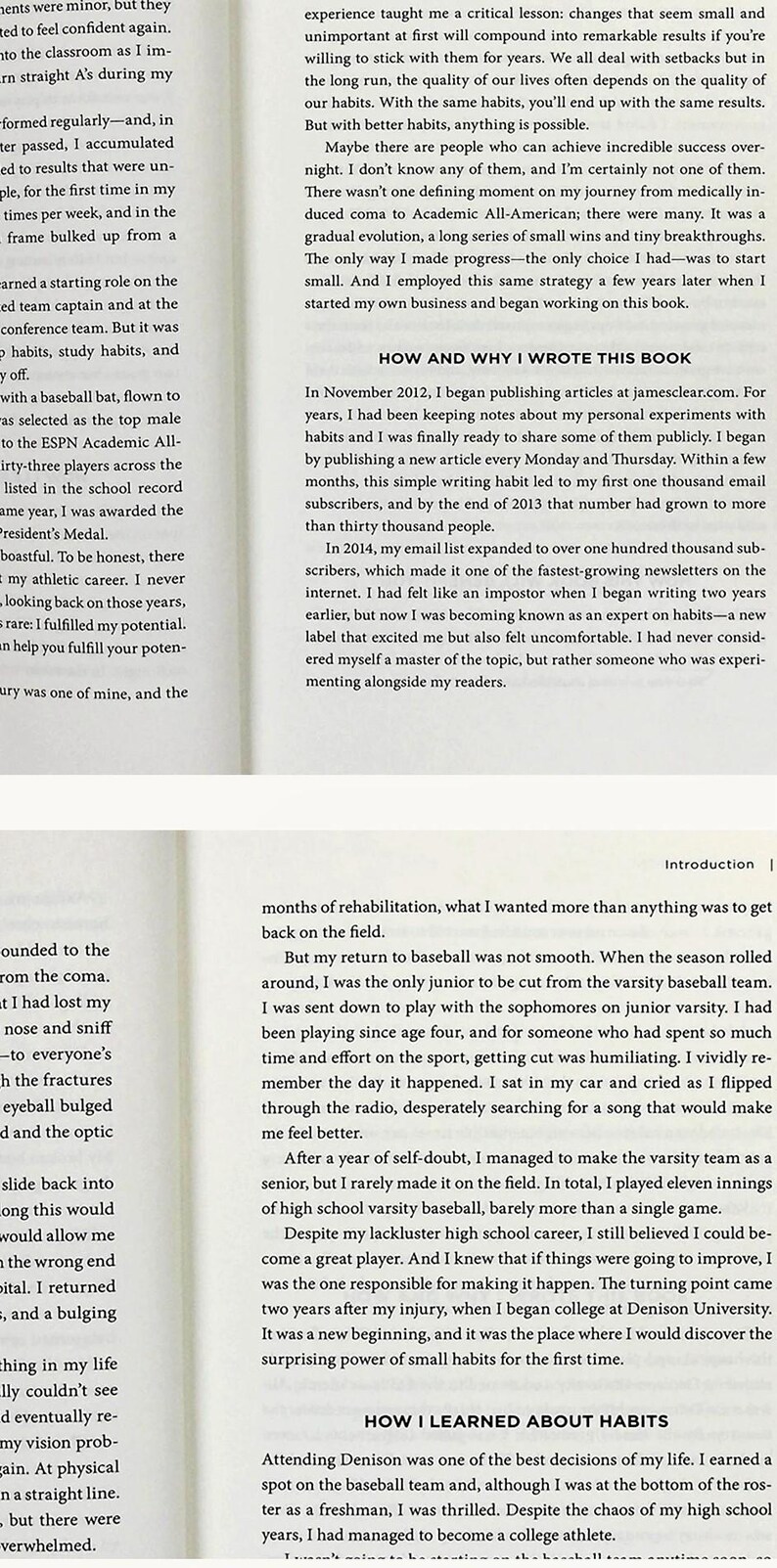Peut inclure: Un livre ouvert avec du texte sur les pages. Le texte comprend le titre "HOW AND WHY I WROTE THIS BOOK" et "HOW I LEARNED ABOUT HABITS". Les pages sont visibles, avec le texte clairement imprim&eacute;.