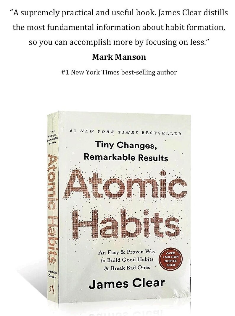 Peut inclure: Livre &agrave; couverture rigide intitul&eacute; "Atomic Habits" de James Clear. La couverture est blanche avec le titre en grandes lettres marron pix&eacute;lis&eacute;es. Le livre promet un moyen facile de cr&eacute;er de bonnes habitudes et d'en briser de mauvaises.