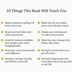 Peut inclure: Fond blanc avec texte noir listant "10 choses que ce livre vous apprendra". La liste comprend des sujets tels que la construction de syst&egrave;mes, la rupture des habitudes et la motivation.