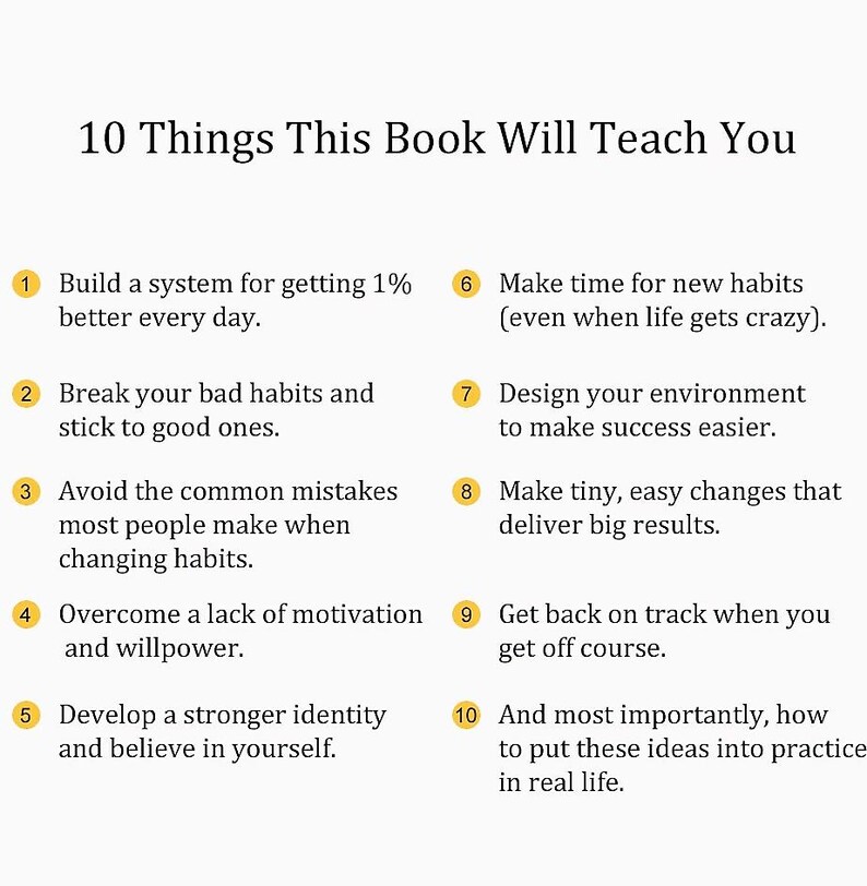 Peut inclure: Fond blanc avec texte noir listant "10 choses que ce livre vous apprendra". La liste comprend des sujets tels que la construction de syst&egrave;mes, la rupture des habitudes et la motivation.