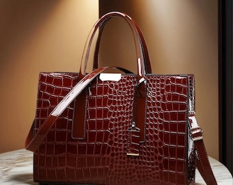 Vintage Crocodile Embossed Tote Bag, Burgundy Leather Style Shoulder Purse