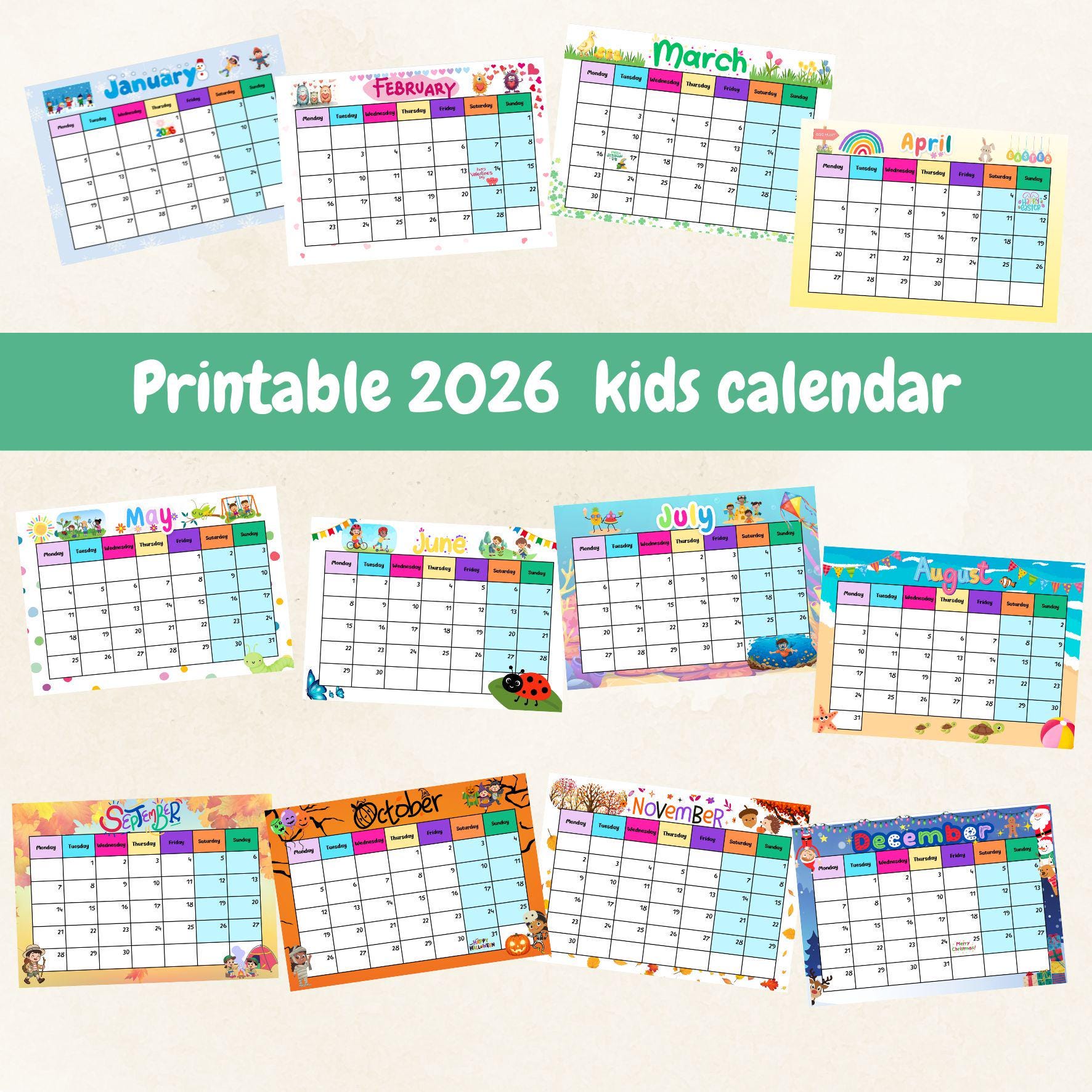 Printable Kids 2026 Calendar - Etsy