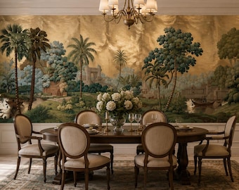 Hand Painted Gold Leaf Wallpaper, Tropical Landscape Mural, Luxury Metallic Wallcovering, Panoramic Scenic Wallpaper