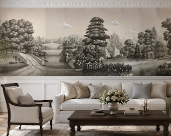 Hand Painted Scenic Wallpaper Mural, French Classical Garden Wallpaper, Luxury Landscape Wallcovering, Custom Wall Decor