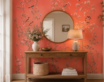 Luxury Hand-Painted Silk Wallpaper | Chinoiserie Floral & Bird Mural | Statement Wall Art | Boutique Interior Décor