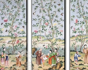 Panel Xuan de seda pintado a mano - Diseño floral de bambú y figuras orientales