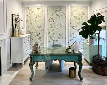 Hand Painted Chinoiserie Wall Mural Panels | Soft Green Bird & Branch Wallpaper | Luxury Oriental Wall Decor | Custom Feature Wall Art