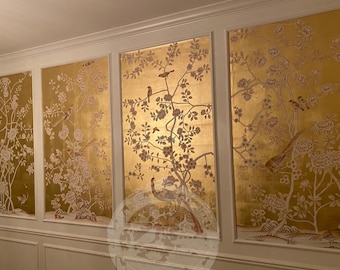 Chinoiserie Bird & Floral Wallpaper | Gold Foil Hand-Painted Mural | Luxury Dining Room Wallcovering