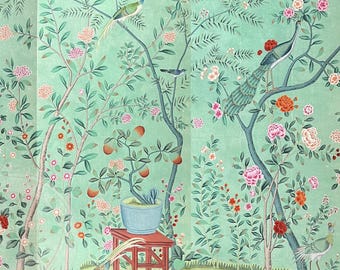 Chinoiserie Mural | Hand Painted Green Tea Paper Wallpaper | Peacock Peony Wall Art & Tablecloth