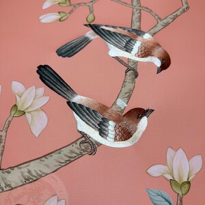 Lyxig handmålad sidentapet | Chinoiserie-blommor och fågeltapet | Iögonfallande väggkonst | Boutique-inredning