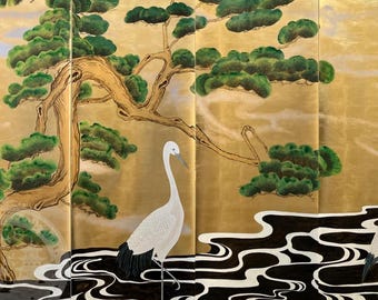 Crane & Pine Chinoiserie Wallpaper |  Gold Foil Hand-Painted Mural | Luxury Wallcovering for Dining Room
