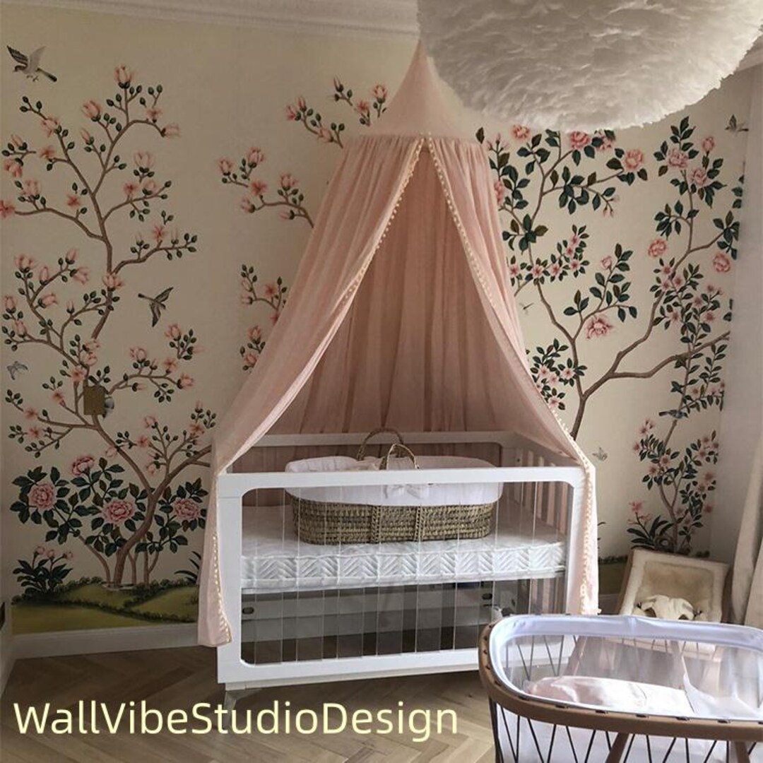 Blush Pink Chinoiserie Silk Wallpaper | Hand-painted Floral and Bird ...