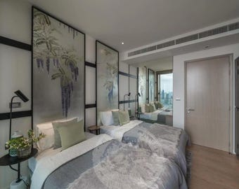 Hand-Painted Chinoiserie Wisteria Mural -  Silver Foil Wallpaper for Bedroom, Customizable