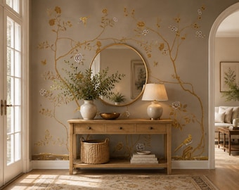 Luxury Hand Painted Silk Wallpaper | Gold Chinoiserie Bird & Floral Wall Mural | Custom Designer Wallcovering | Statement Wall Decor