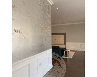 Cherry Blossom Chinoiserie Wallpaper |  Silver Foil Hand-Painted Mural | Minimalist Luxury Wallcovering