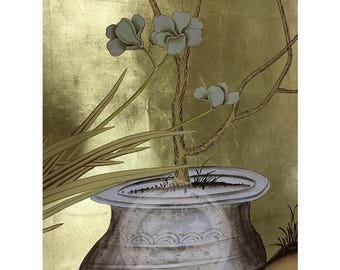 Hand-Painted Chinoiserie Potted Floral & Bird Mural -  Gold Foil Wallpaper for Luxury Entryway, Customizable
