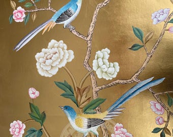 Hand-Painted Gold Foil Chinoiserie Mural: Exotic Bird & Floral Wall Panel